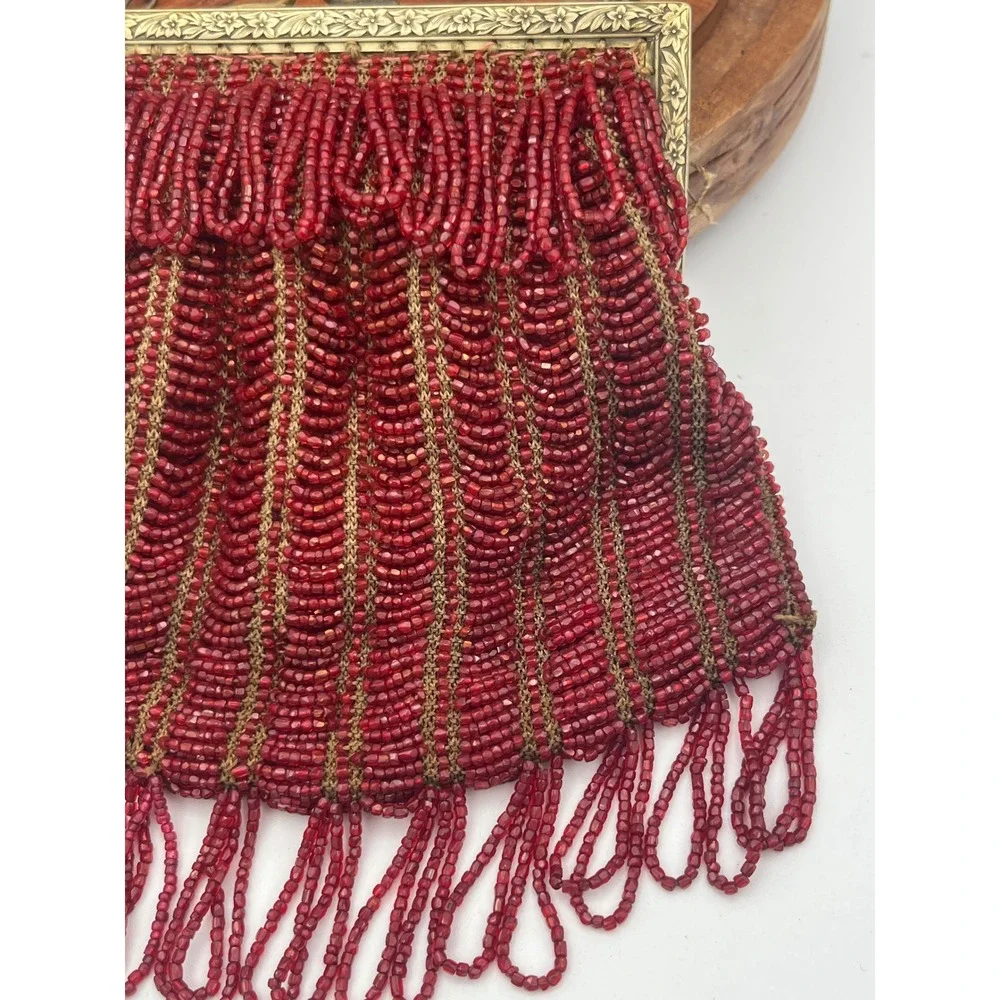 Antique 1920s‎ Red Micro Beaded Fringe Purse Art Deco Floral Brass Frame Flapper